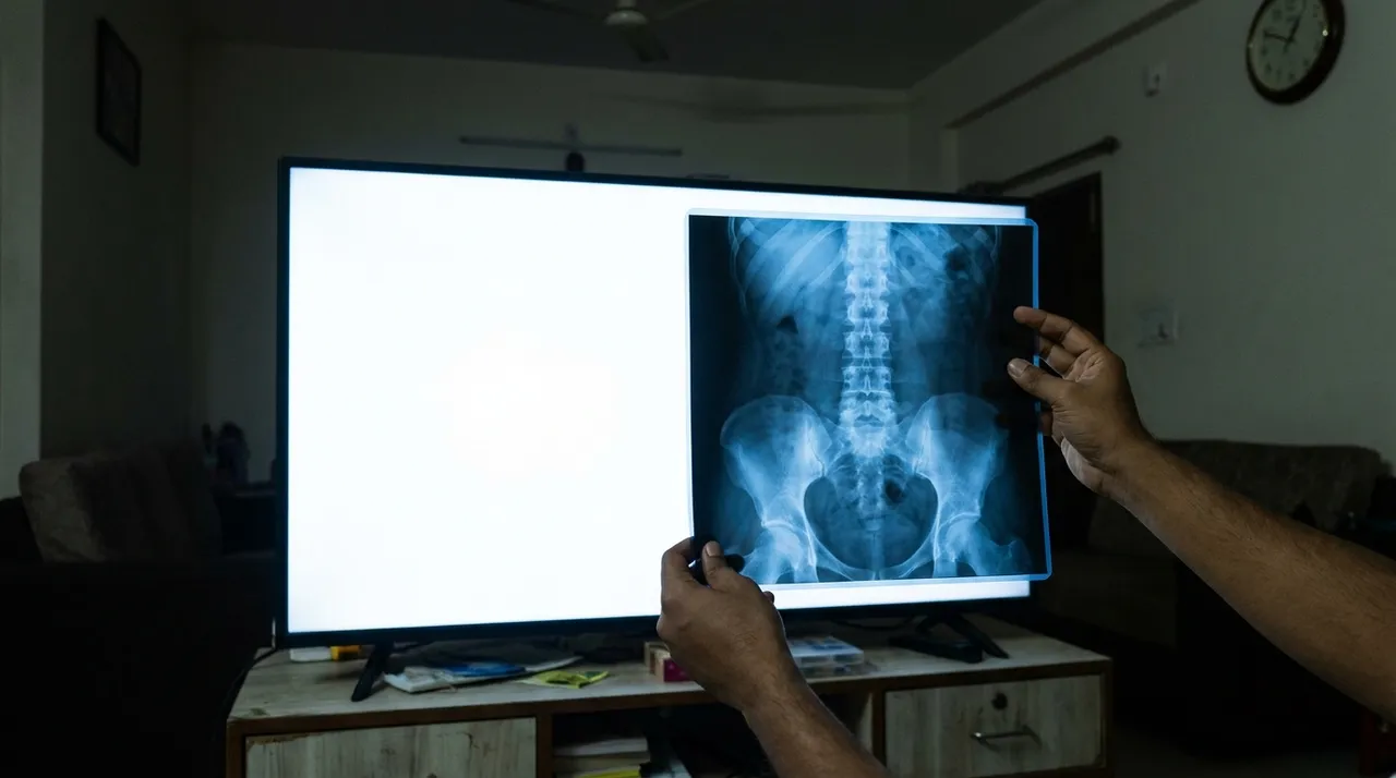 अँधेरे कमरे में सफ़ेद स्क्रीन वाले TV के सामने रखी X-ray फ़िल्म, रीढ़ की हड्डी साफ़ दिख रही है